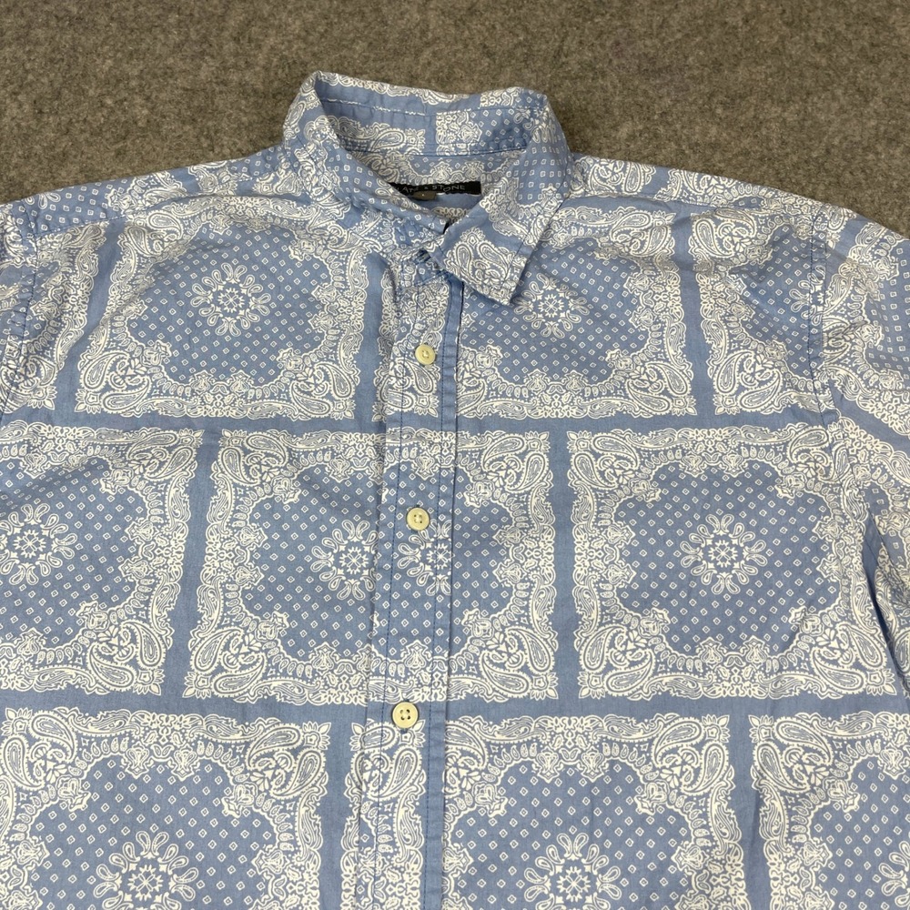 Slate & Stone Mens Blue Bandana Paisley Grid Cotton Short Sleeve Button Down L